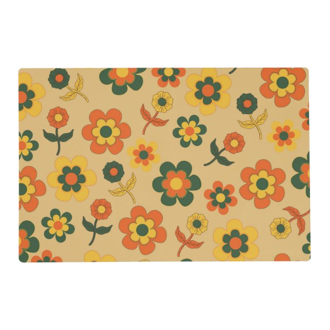 Retro Vintage Orange 70s Flower Pattern Placemat (Front)