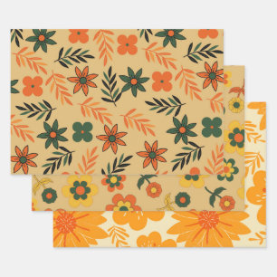 Retro Vintage Orange 70s Flower Pattern Wrapping Paper Sheets