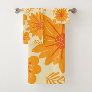 Retro Vintage Orange Botanical Flower Pattern Fall Bath Towel Set