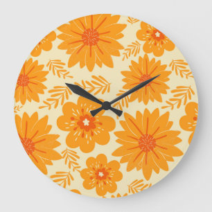 Retro Vintage Orange Botanical Flower Pattern Fall Large Clock
