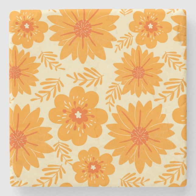 Retro Vintage Orange Botanical Flower Pattern Fall Stone Coaster (Front)