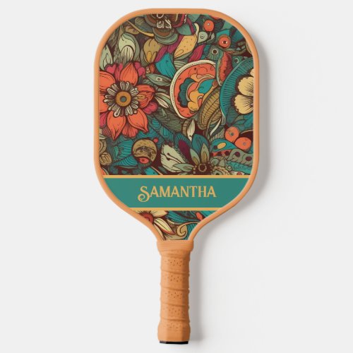 Retro Vintage Orange Teal Tattoo Floral Name  Pickleball Paddle