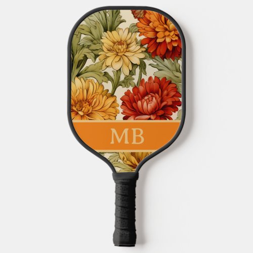 Retro Vintage Orange Yellow Flowers Monogram  Pickleball Paddle