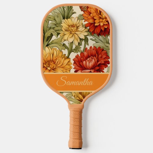 Retro Vintage Orange Yellow Flowers Name Script Pickleball Paddle