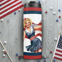 Retro Vintage Patriotic Girl with American Flag