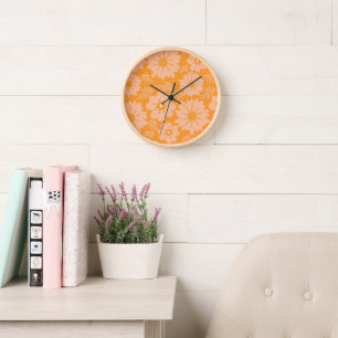 Retro Vintage Peach Fuzz Orange Flower Pattern Clock