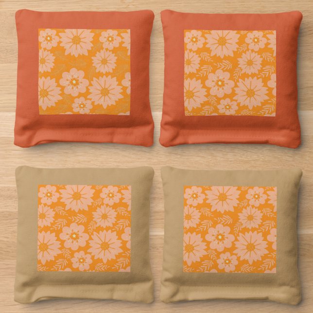 Retro Vintage Peach Fuzz Orange Flower Pattern Cornhole Bags (Wood)