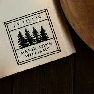 Retro Vintage Pine Trees Ex Libris Library Self-inking Stamp