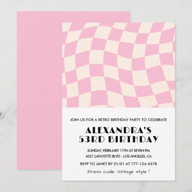 Retro Vintage Pink 53rd Checkered  birthday Invitation (Front/Back)