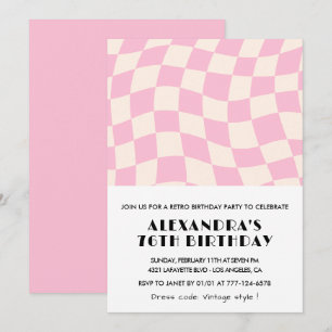 Retro Vintage Pink Checkered 76th birthday Invitation