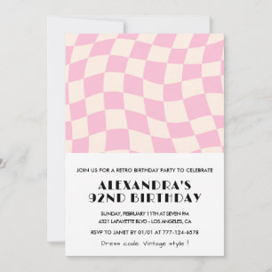 Retro Vintage Pink Checkered 92nd birthday Invitation
