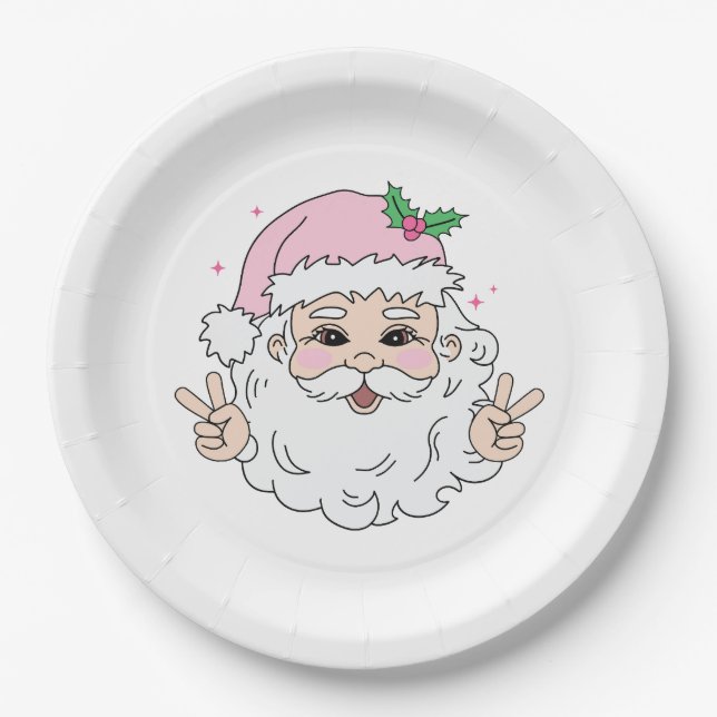 Retro Vintage Pink Christmas Santa Paper Plates (Front)