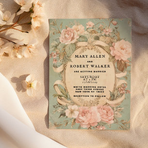 Retro vintage pink mint floral frame wedding invitation