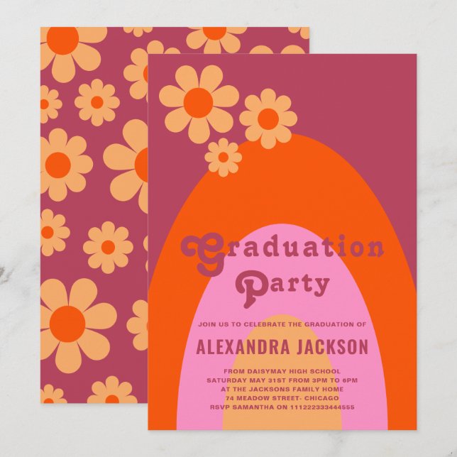 Retro Vintage Pink Orange Graduate Party Invitation (Front/Back)