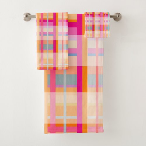 Retro Vintage Pink Plaid Pattern In Pastels Bath Towel Set