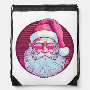 Retro vintage pink santa claus drawstring bag