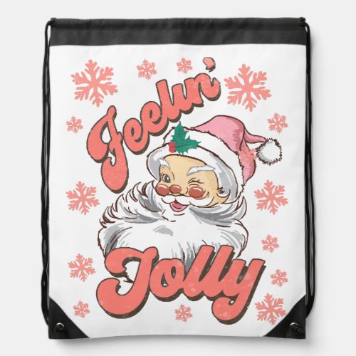Retro vintage pink santa claus feelin jolly christ drawstring bag