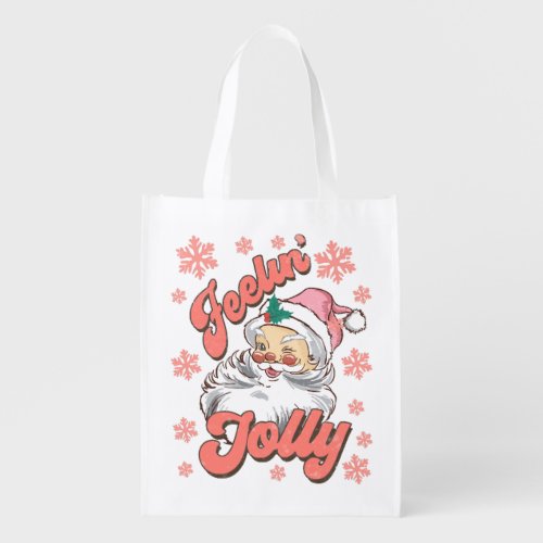 Retro vintage pink santa claus feelin jolly christ grocery bag