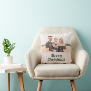 Retro Vintage Pink Stripes Green Merry Christmas Throw Pillow