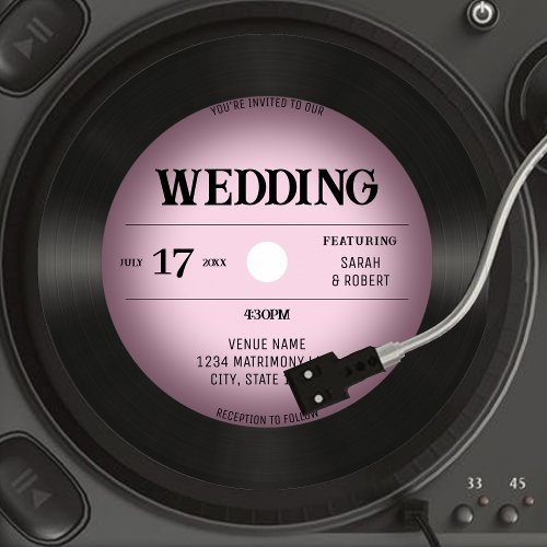 Retro Vintage Pink Vignette Vinyl Record Wedding Invitation