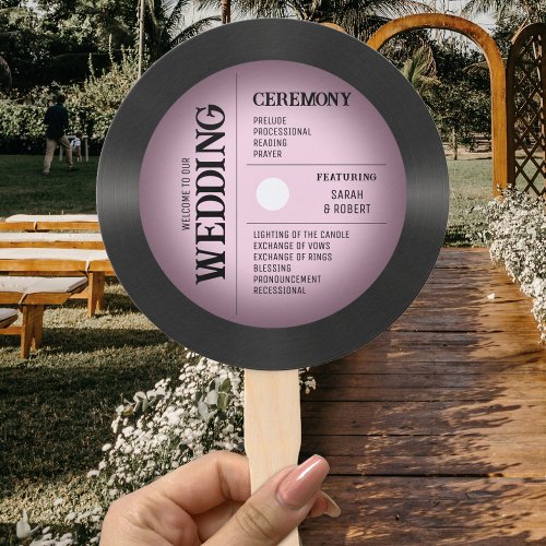 Retro Vintage Pink Vinyl Record Wedding Program Hand Fan