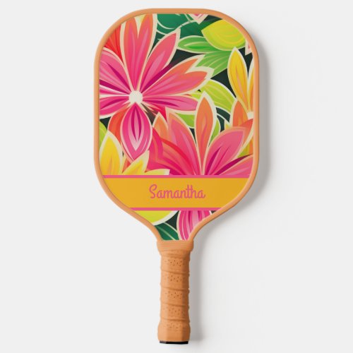 Retro Vintage Pink Yellow Green Flowers Name  Pickleball Paddle