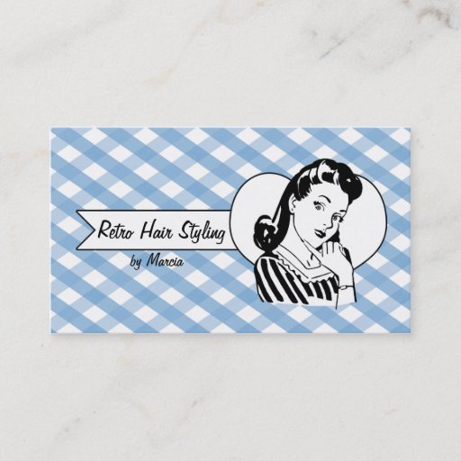 Customizable retro vintage pinup girl hair stylist gingham business card template