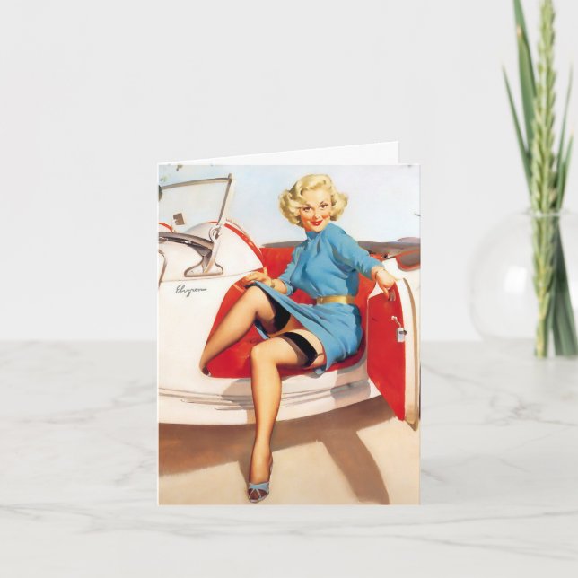 Retro Vintage Pinup in Car, Birthday Card (Front)