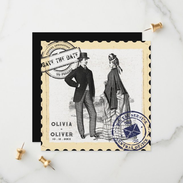Retro vintage postage stamp wedding  save the date (Front/Back In Situ)
