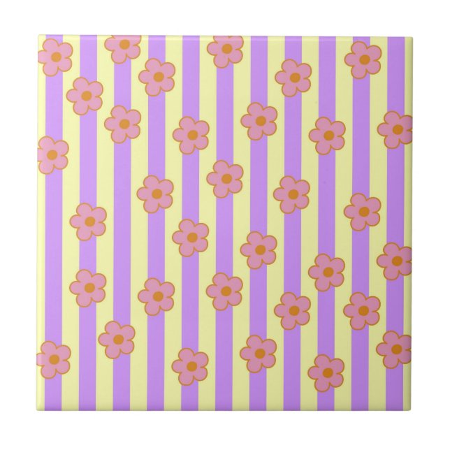 Retro Vintage Purple Stripe Flower Pattern Ceramic Tile (Front)