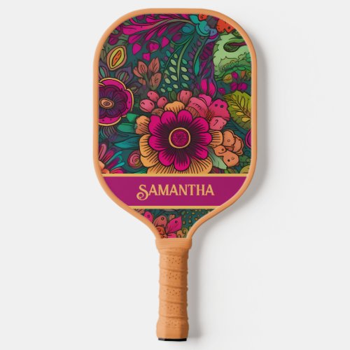 Retro Vintage Purple Teal Tattoo Floral Name  Pickleball Paddle