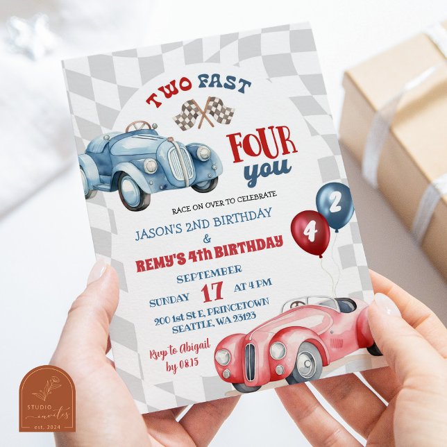 Retro Vintage Race Car Sibling Boys Birthday Invitation (Creator Uploaded)