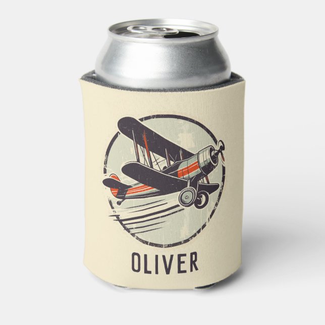 Retro Vintage Red and Green Biplane Can Cooler (Can Back)