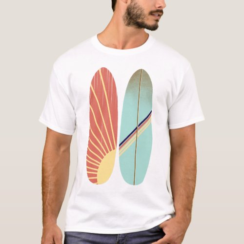 Retro Vintage Red  Blue Surfboard Illustration T_Shirt