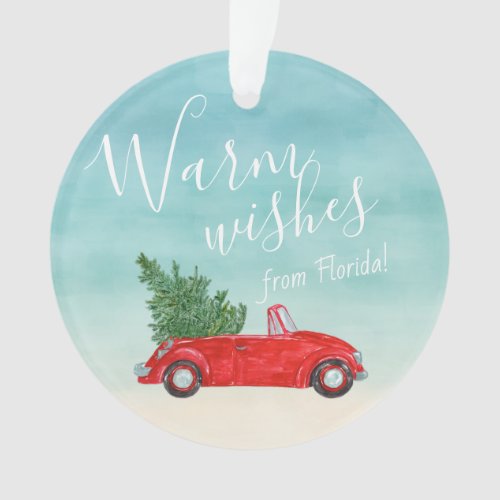 Retro Vintage Red Car Christmas Tree Beach Scene Ornament