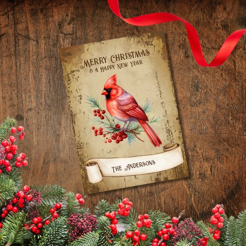 Retro Vintage Red Cardinal Bird Merry Christmas Holiday Card