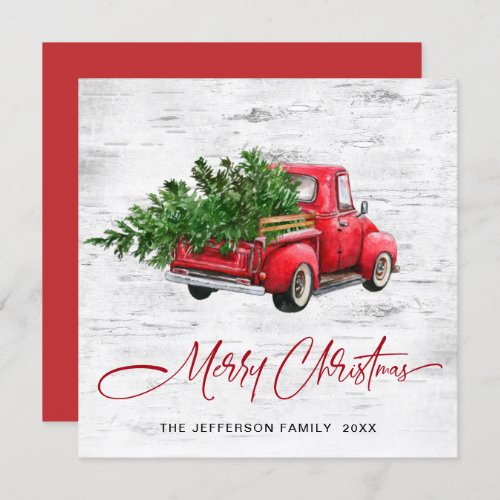 Retro Vintage Red Farm Truck Christmas Tree Holiday Card