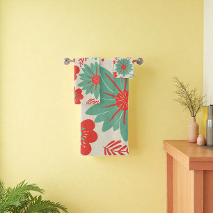 Retro Vintage Red Green Floral Bath Towel Set