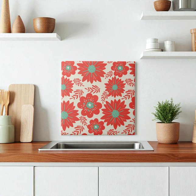 Retro Vintage Red Green Floral  Ceramic Tile (Creator Uploaded)