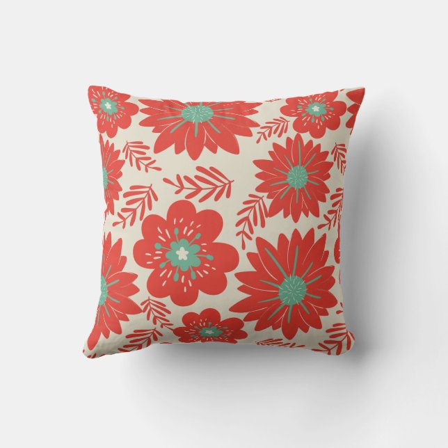 Retro Vintage Red Green Floral Throw Pillow (Back)