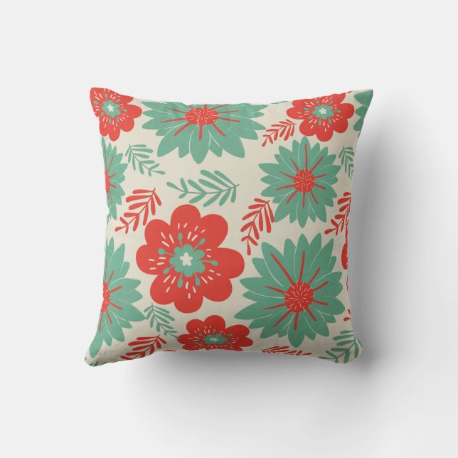 Retro Vintage Red Green Floral Throw Pillow (Back)