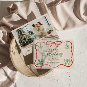 Retro Vintage Red Green Hand Drawn Photo Christmas Holiday Card