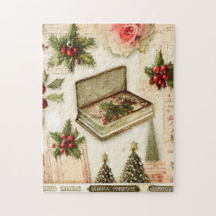 Retro Vintage Red Green Holly Christmas Holiday Jigsaw Puzzle