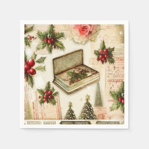 Retro Vintage Red Green Holly Christmas Holiday Napkins