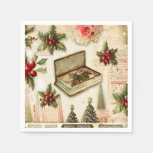 Retro Vintage Red Green Holly Christmas Holiday Napkins (Front)