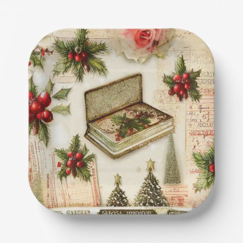 Retro Vintage Red Green Holly Christmas Holiday Paper Plates
