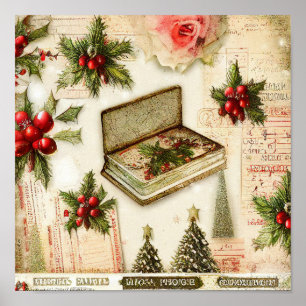 Retro Vintage Red Green Holly Christmas Holiday Poster