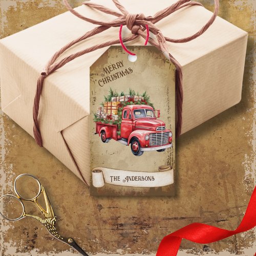 Retro Vintage Red Pickup Truck Merry Christmas Gift Tags