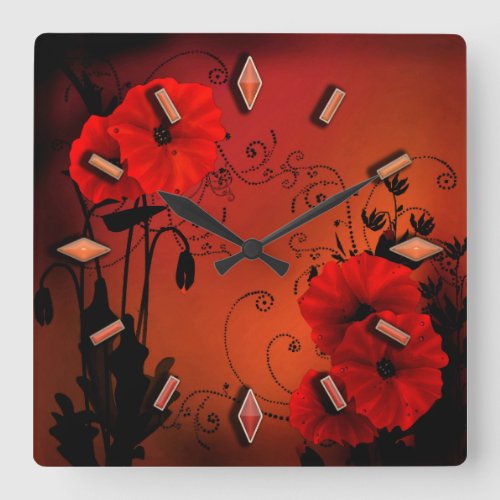 Retro vintage red poppy flowers floral design illu square wall clock
