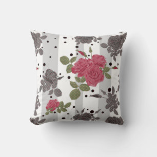 Retro vintage red roses seamless pattern polka dot throw pillow